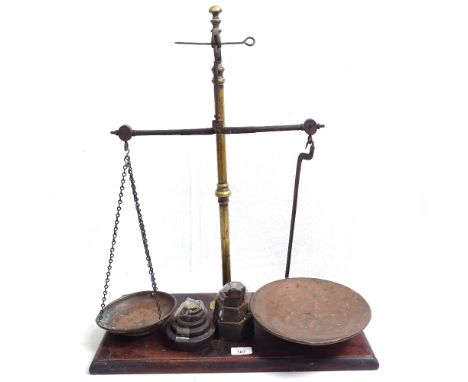 Antique balance scale with copper pans, metric and imperial weights, height 62cm 