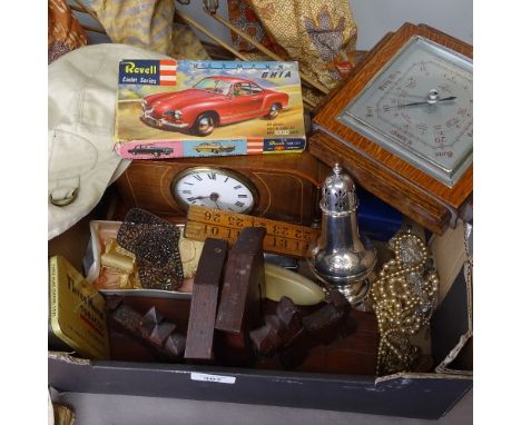 A mantel clock, bookends, doll's house furniture, a helmet etc 