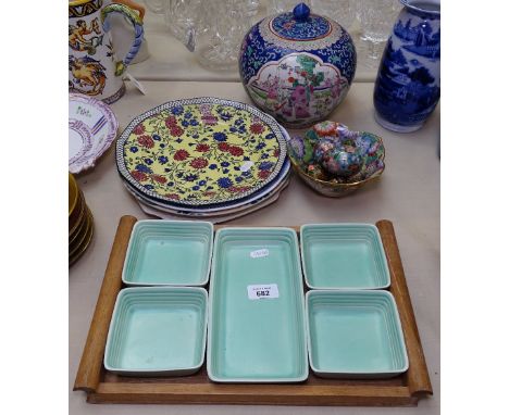 Clarice Cliff hors d'oeuvres set in tray, a Chinese jar and cover, eggs, and decorative plates 