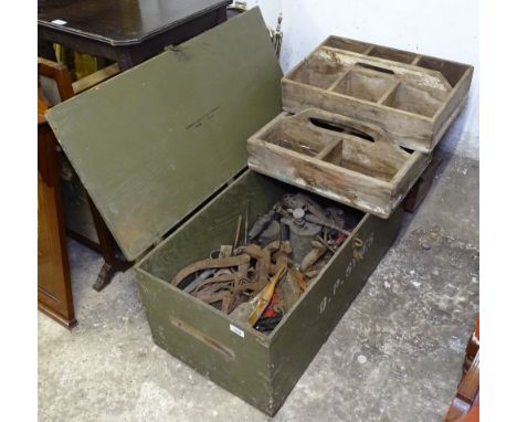 A painted American Luggage Works box, housemaid's trays, blow torches, various hand tools 