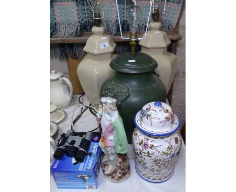 A pair of table lamps, height 68cm overall, another lamp, Staffordshire figure, binoculars and a jar 