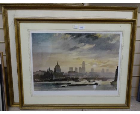 Rowland Hilder, 2 colour prints, sunset on The Thames 1983, image 16.5" x 24", and The First Snow, 18.5" x 26", both signed i
