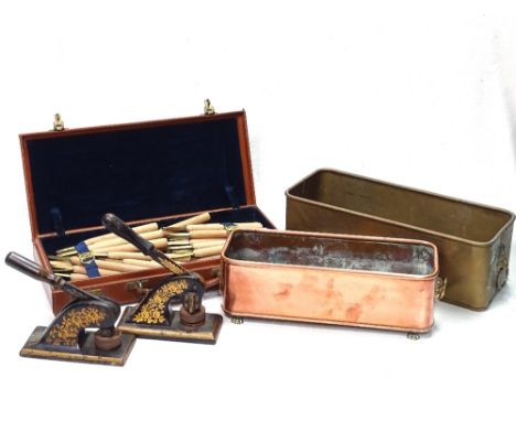 Book Binding Typesetting Tools, full set in leather case, copper plan holder, and metal publishing stamps