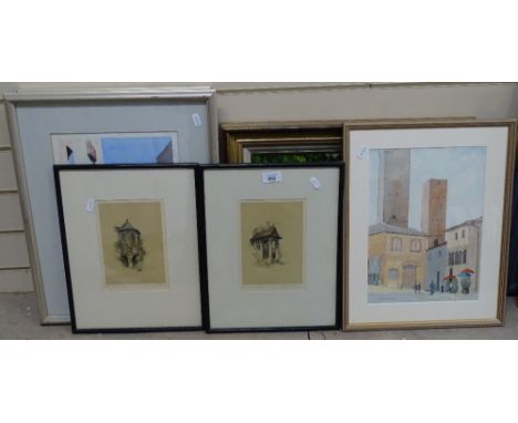 Norman Stario, lithograph, Canterbury, and another, watercolours of San Gimignano, signed with monogram, and 3 others (6) 