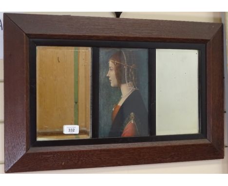 An oak-framed portrait print, flanked by bevelled-edge mirrors, length 61cm overall 