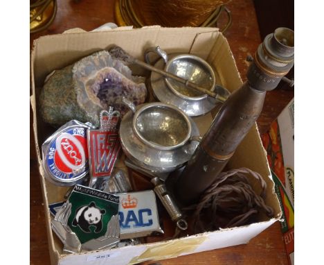 Car badges, a whistle, a shell case table lamp etc 