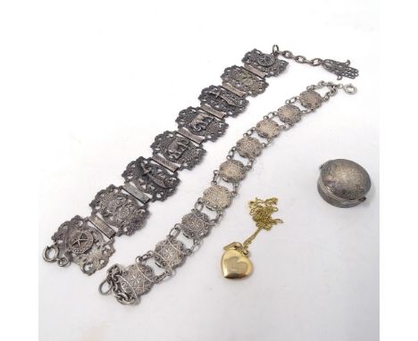 An Indian silver panel bracelet, a small silver box, a 9ct gold heart-shaped locket and chain (1.4g) etc 