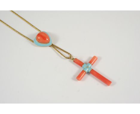 A CORAL AND TURQUOISE ENAMEL CRUCIFORM PENDANT the coral cross with turquoise enamel decoration, on a gold chain mounted with
