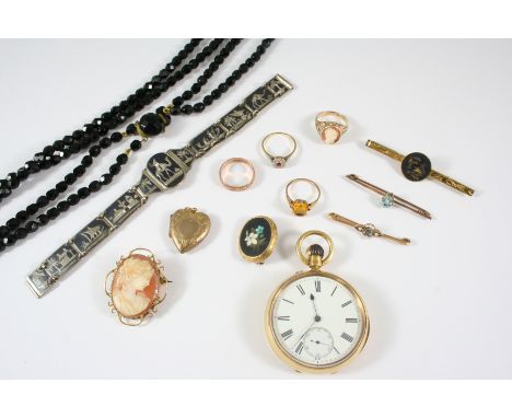 A QUANTITY OF JEWELLERY including an 18ct. gold open faced pocket watch, a carved shell cameo brooch, a ruby and diamond clus