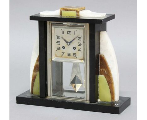 FRENCH MARBLE AND ONYX MANTEL CLOCK, the 9.5cm square in a chrome frame on a brass, eight day movement striking hourly to a b