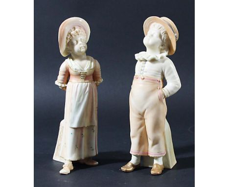 NEAR PAIR OF ROYAL WORCESTER BLUSH IVORY FIGURAL SIFTERS, circa 1895, modelled as a boy and girl wearing hats, green and puce