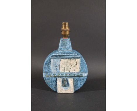 TROIKA LAMP BASE a wheel shaped lamp base, with a blue ground and stylised designs to both sides. Painted marks, Troika, Corn