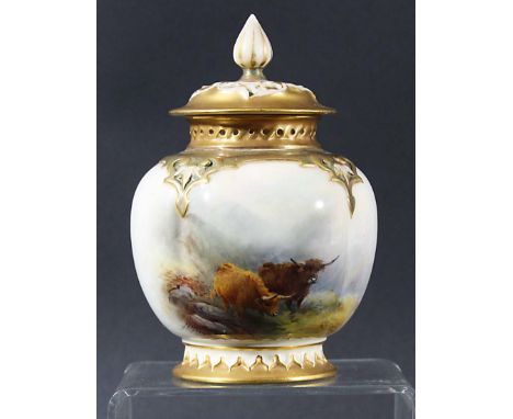 ROYAL WORCESTER POT POURRI AND COVER, dated code for 1920, signed H (Harry) Stinton, the quatrelobed body painted with highla