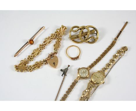 A QUANTITY OF JEWELLERY including a lady's 9ct. gold wristwatch by Tudor, a rose-cut diamond and enamel cockerel stick pin, a