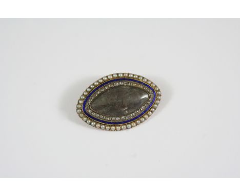 AN 18TH CENTURY PEARL, DIAMOND AND ENAMEL MOURNING BROOCH PENDANT the navette shaped locket centred with plaited hair within 