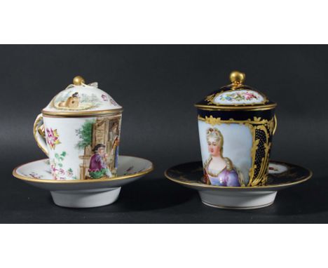 SEVRES STYLE CHOCOLATE COVER AND TREMBLEUSE SAUCER, a painted portrait of Duchess du Barry on a deep blue round with floral c