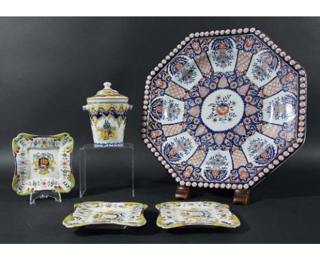 QUIMPER FAIENCE OCTAGONAL CHARGER, 19th century, painted in the imari palette with a floral sprig inside arched floral panels