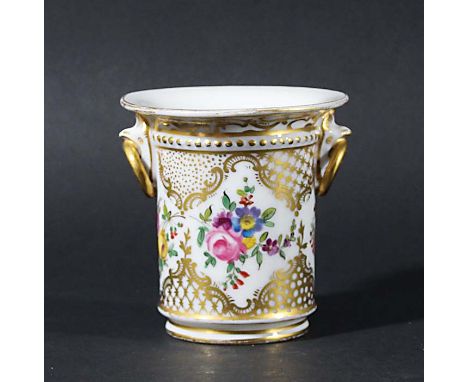 PORCELAIN VASE, possibly Nantgarw, of cylindrical form with a flared mouth, painted with floral sprays inside gilt frames, gi