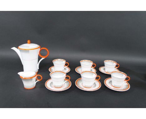 SHELLEY ART DECO COFFEE SET in the Bands and Lines design (pattern no 12132), comprising a coffee pot, sugar bowl, and 6 cups