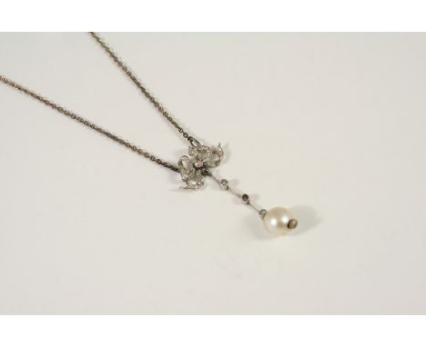 AN EDWARDIAN DIAMOND AND PEARL PENDANT the bow surmount is set with rose-cut diamonds and suspends an untested pearl drop, 4c
