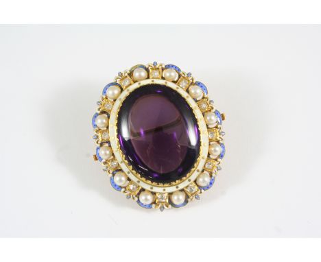 A VICTORIAN AMETHYST, DIAMOND AND PEARL BROOCH PENDANT the large oval-shaped amethyst is set within a surround of cushion-sha