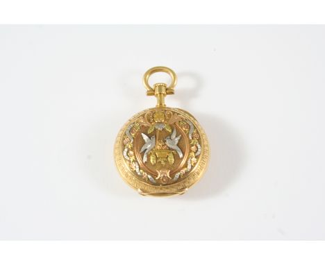 A LADY'S GOLD FOB WATCH the white enamel dial with Arabic numerals, with embossed three colour gold decoration to the back ca