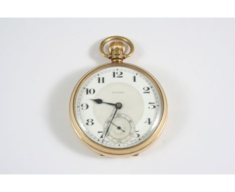 A 9CT. GOLD OPEN FACED POCKET WATCH BY ROLEX the signed white enamel dial with Arabic numerals and subsidiary seconds dial, w