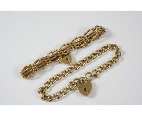 A 9CT. GOLD GATE LINK BRACELET with padlock clasp, 19cm. long, 16.4 grams, together with a 9ct. gold curb link bracelet, with
