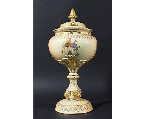 ROYAL WORCESTER BLUSH IVORY POT POURRI AND COVER, date code for 1910, shape 1813, painted and gilt floral sprays, puce factor