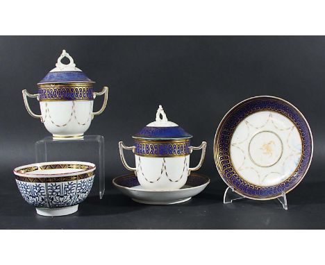 PAIR OF CAUGHLEY CHOCOLATE CUPS, COVERS AND STANDS, late 18th century, with blue and gilt ring and swag decoration between tw