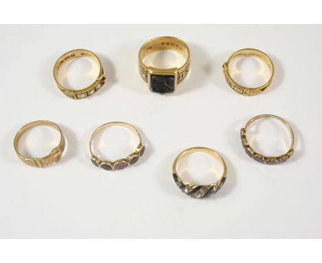 A ROSE-CUT DIAMOND AND BLACK ENAMEL MOURNING RING set in gold, size K 1/2, a Victorian 18ct. gold, black enamel and pearl set