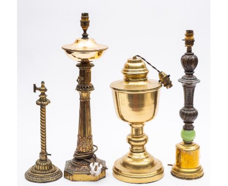 An Edwardian brass table oil lamp, wired for electric light, with fluted and foliate column, and square canted base, 55cm hig