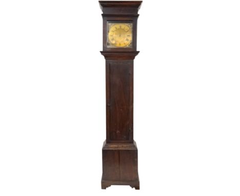 An 18th century oak longcase clock, the thirty-hour plated movement striking the hours on a bell with an outside countwheel w