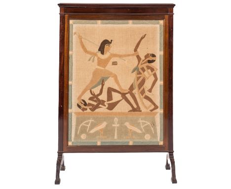A mahogany and fabric firescreen, early 20th Century, with a figural scene in ancient Egyptian taste, depicting figures in co