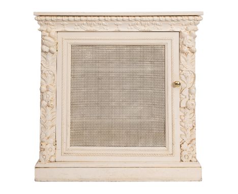 A Victorian, later cream painted, low side cupboard, the bobbin turned frieze with husk foliate sprigs, enclosed by a wire me