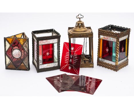 A late Victorian brass and leaded glass square hall lantern with red, green and yellow coloured panels and stellar centres, 2