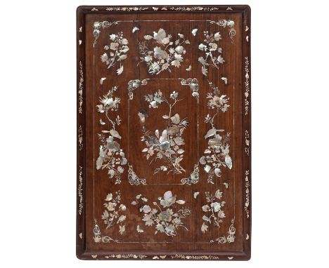A Chinese hardwood and  mother of pearl inlaid rectangular tray, circa 1900, decorated with birds and butterflies amidst flor