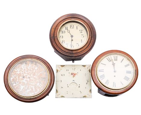 A Victorian mahogany cased circular wall clock with enamel dial and Roman numerals, 39cm, another 40cm diameter, another in a