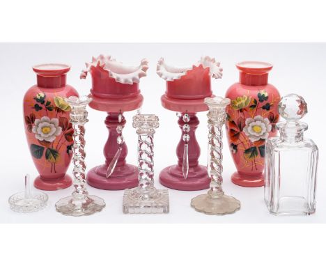 A pair of later 19th/ early 20th century pink glass lustres together with a pair of Continental pink glass and floral painted