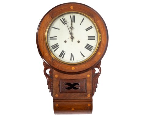 A Victorian walnut drop dial wall clock with inlaid decoration, circular enamel dial with Roman numerals, 69cm high.