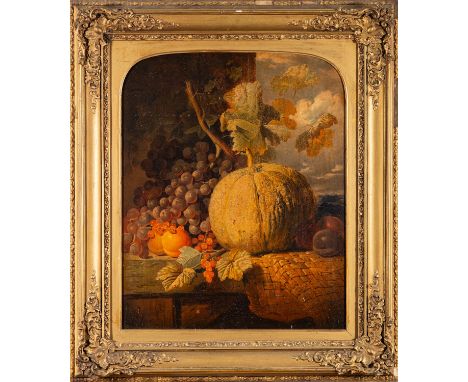 After Edward Laddell (British, 1821-1886)Still life with a pumpkin and grape vines -Oleograph laid on panel -53 x 43cm