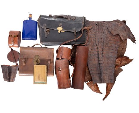 A collection of assorted leather items, late 19th and early 20th century; including two briefcases, one with GR cipher; a the