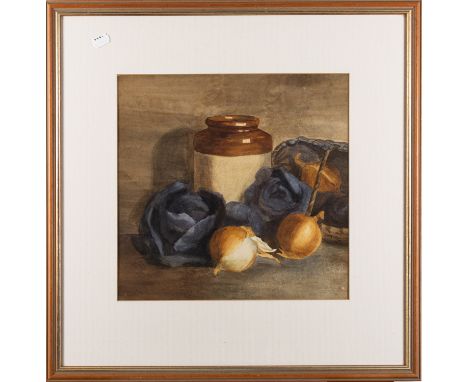 Three still life pictures, one by W. J. Blakely (British, early 20th Century) -Still life of a ceramic jug and onions -Waterc