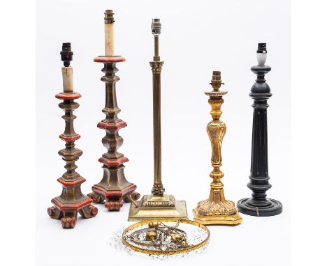 A pair of red and gilt decorated Italianate lamps of triangular section, and a brass corinthian column table lamp, and two ot