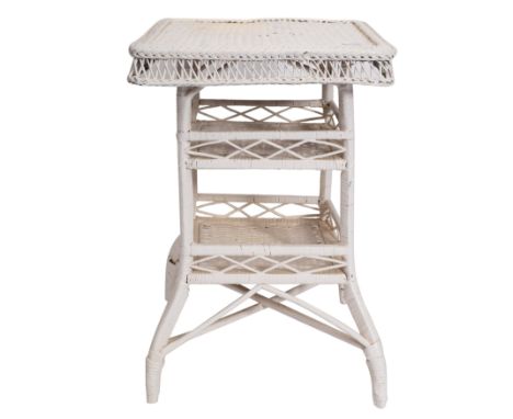 A painted wickerwork three-tier square occasional table, 20th Century, the top 53cm, together with an Edwardian oak card tabl