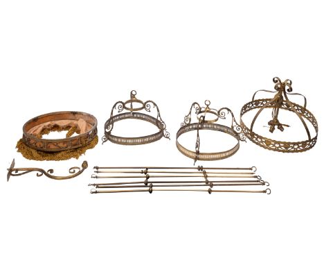 Three Edwardian brass circular hanging light fittings, and another, fringed.