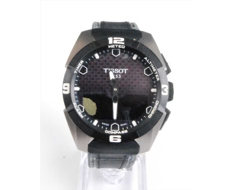 A Gents Tissot Touch Solar Smart titanium wristwatch, having round purple baton dial with digital display at 6 o'clock, black