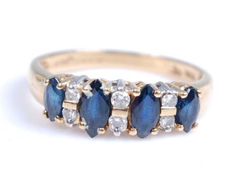 An 18ct yellow and white gold, sapphire and diamond half hoop eternity ring, comprising four marquise shaped sapphires inters