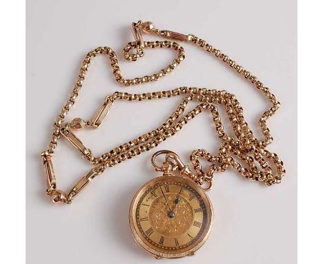A yellow metal open face keywind fob watch, having a round gilded Roman dial, case dia.32mm, attached to a 9ct yellow gold ro