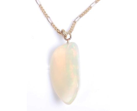 An abstract polished opal pendant, dimensions approx 29 x 15mm, attached to a yellow metal figaro link chain with lobster cla